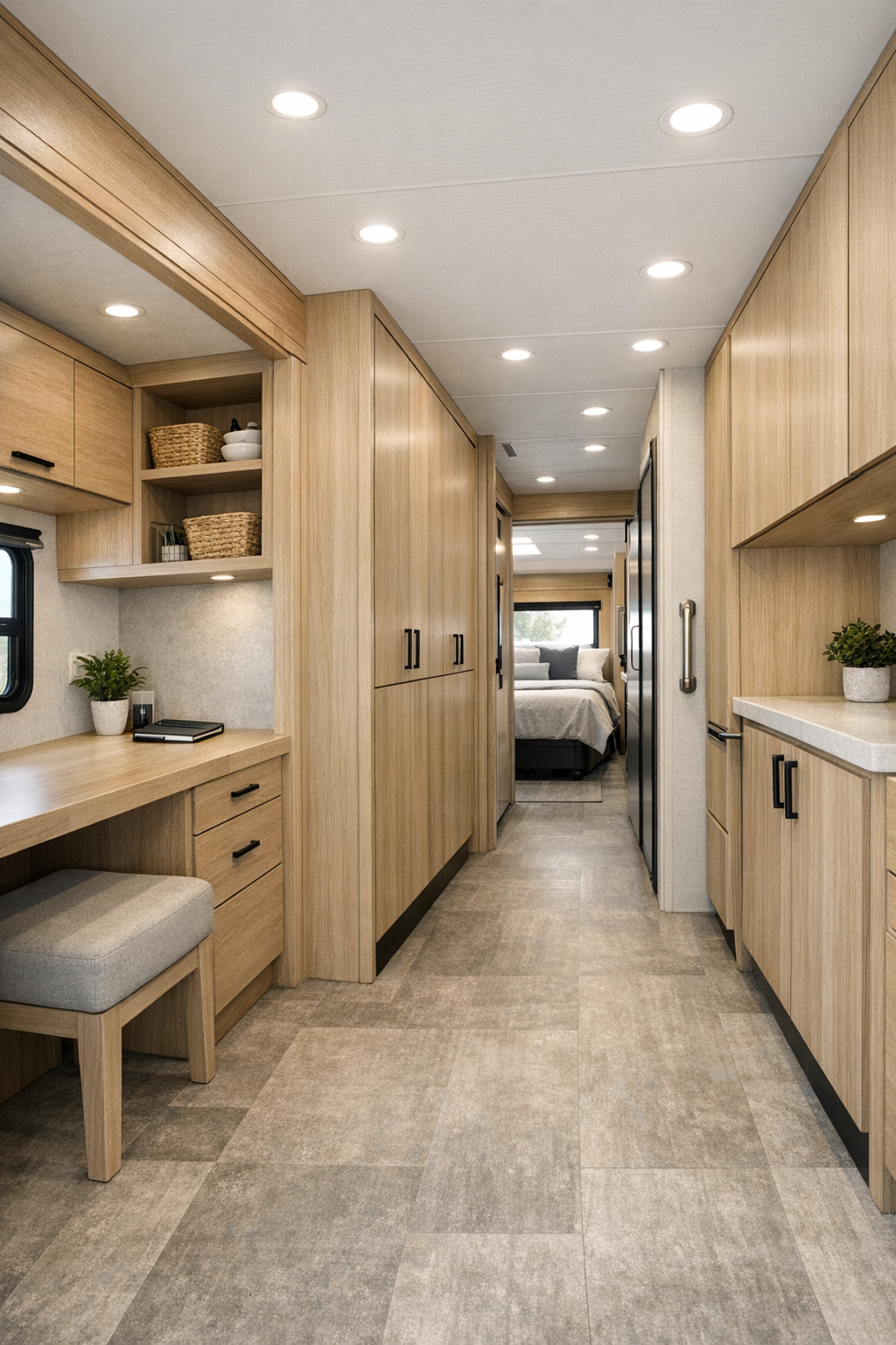 RV hallway and storage area with light wood cabinetry and clear pathways