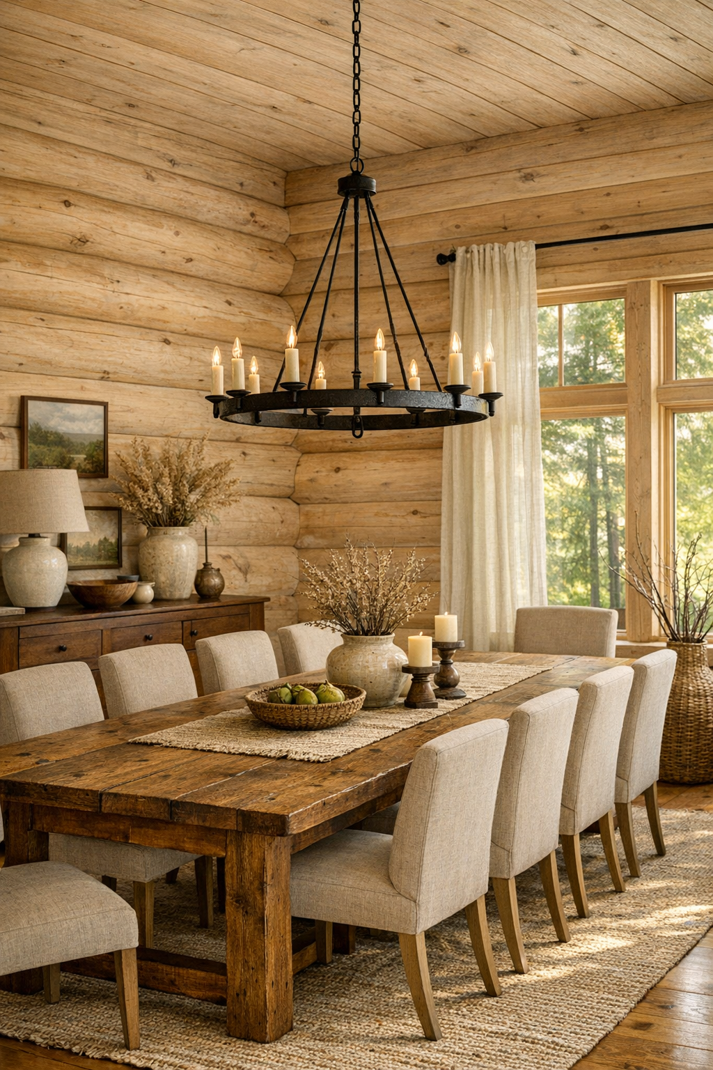 Warm dining room with log walls, long wood table, upholstered chairs, and iron chandelier
