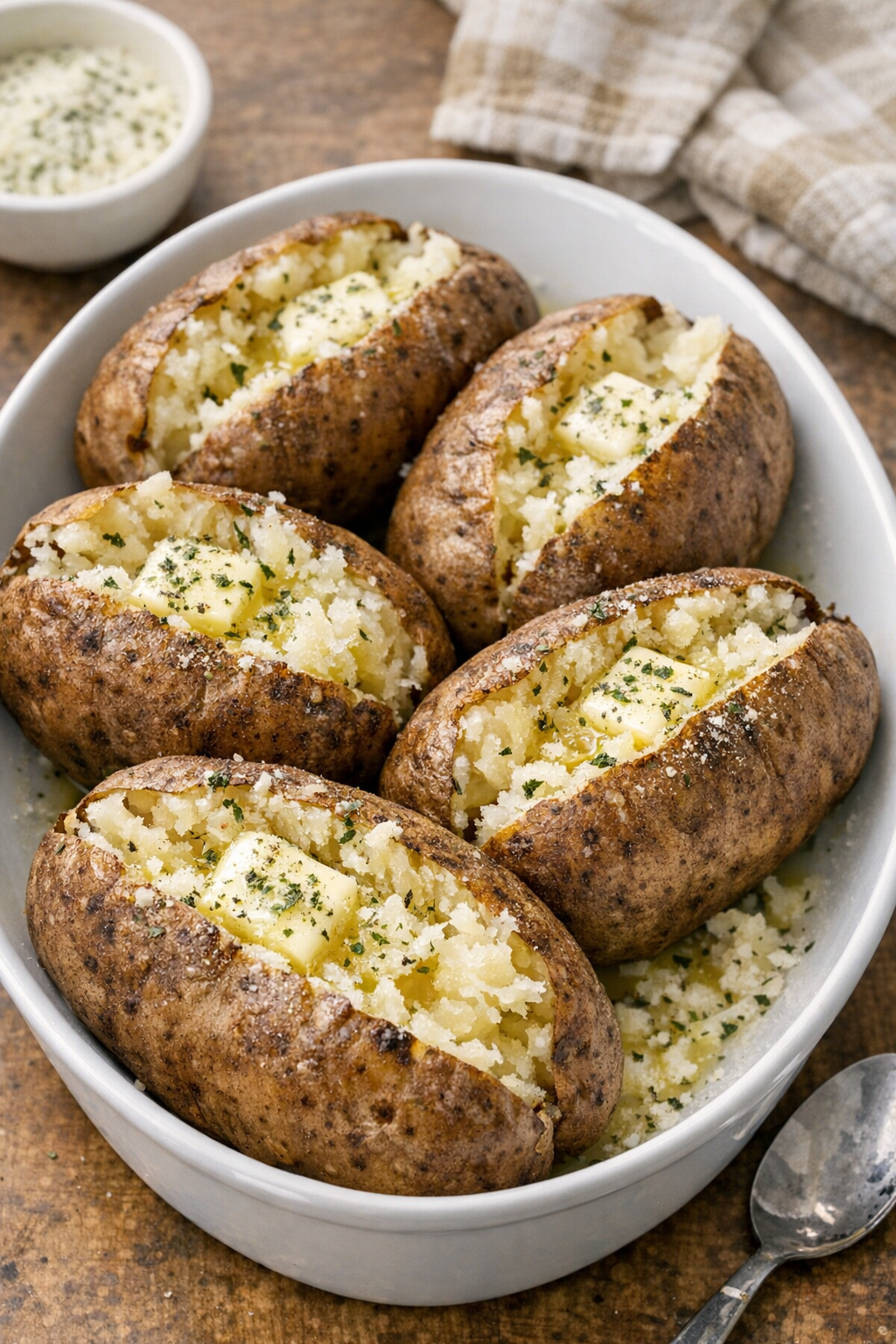 Finished slow cooker russet potatoes on a serving platter