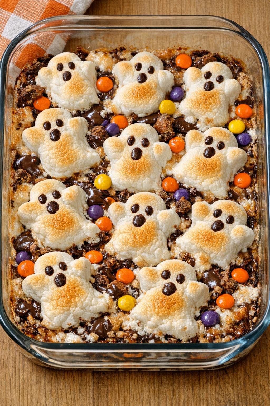Finished baked spooky marshmallow dessert in a glass casserole dish