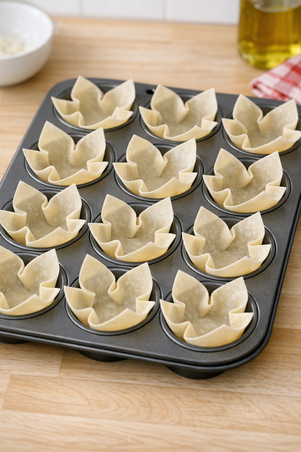 Wonton wrappers pressed into a muffin tin