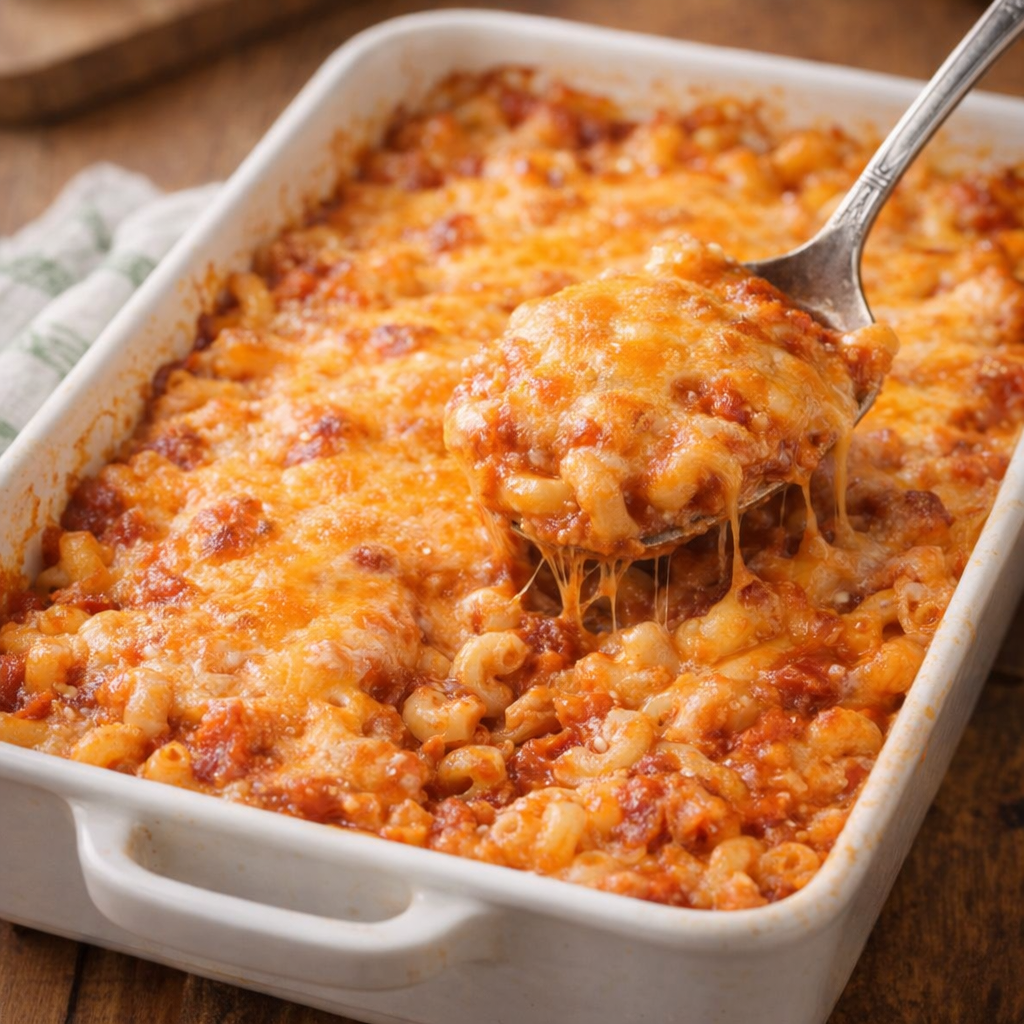 Cheesy variation of baked goulash with melted cheddar on top