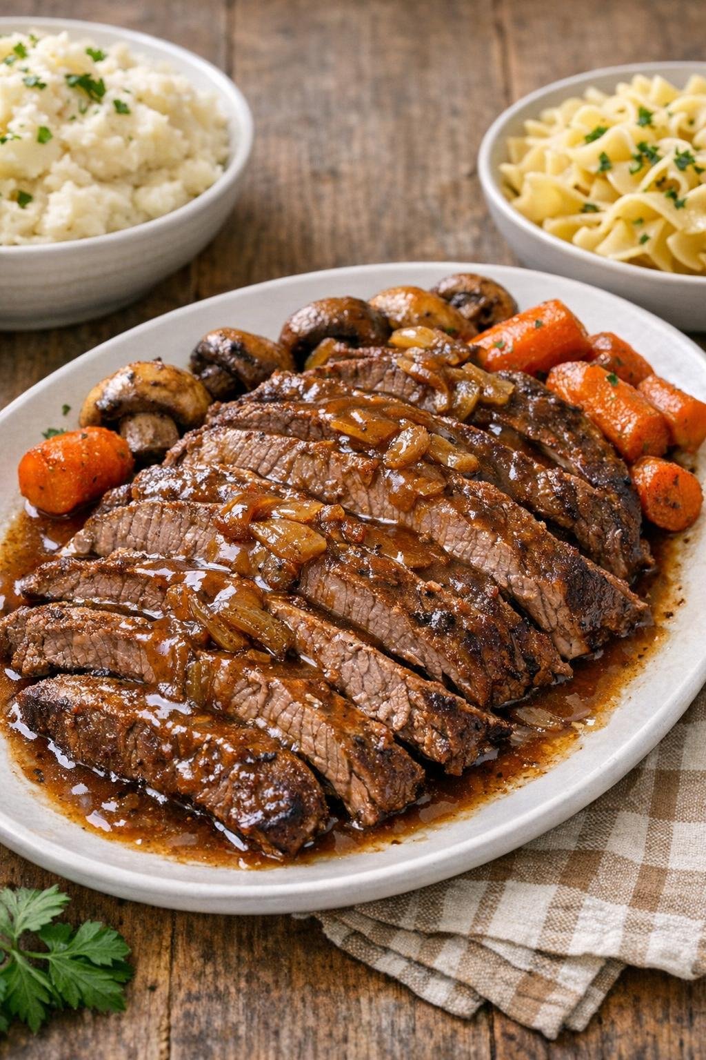 Finished oven-braised flank steak served with sauce