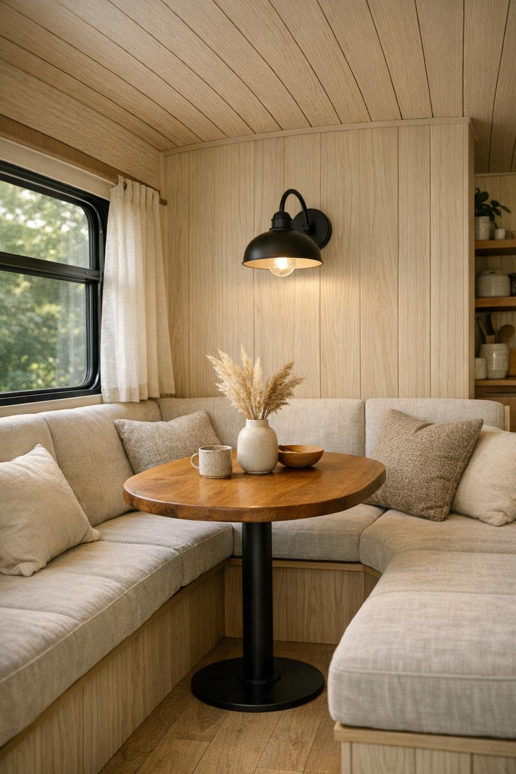 Small dining nook in a converted bus with wood table, banquette seating, and soft natural finishes