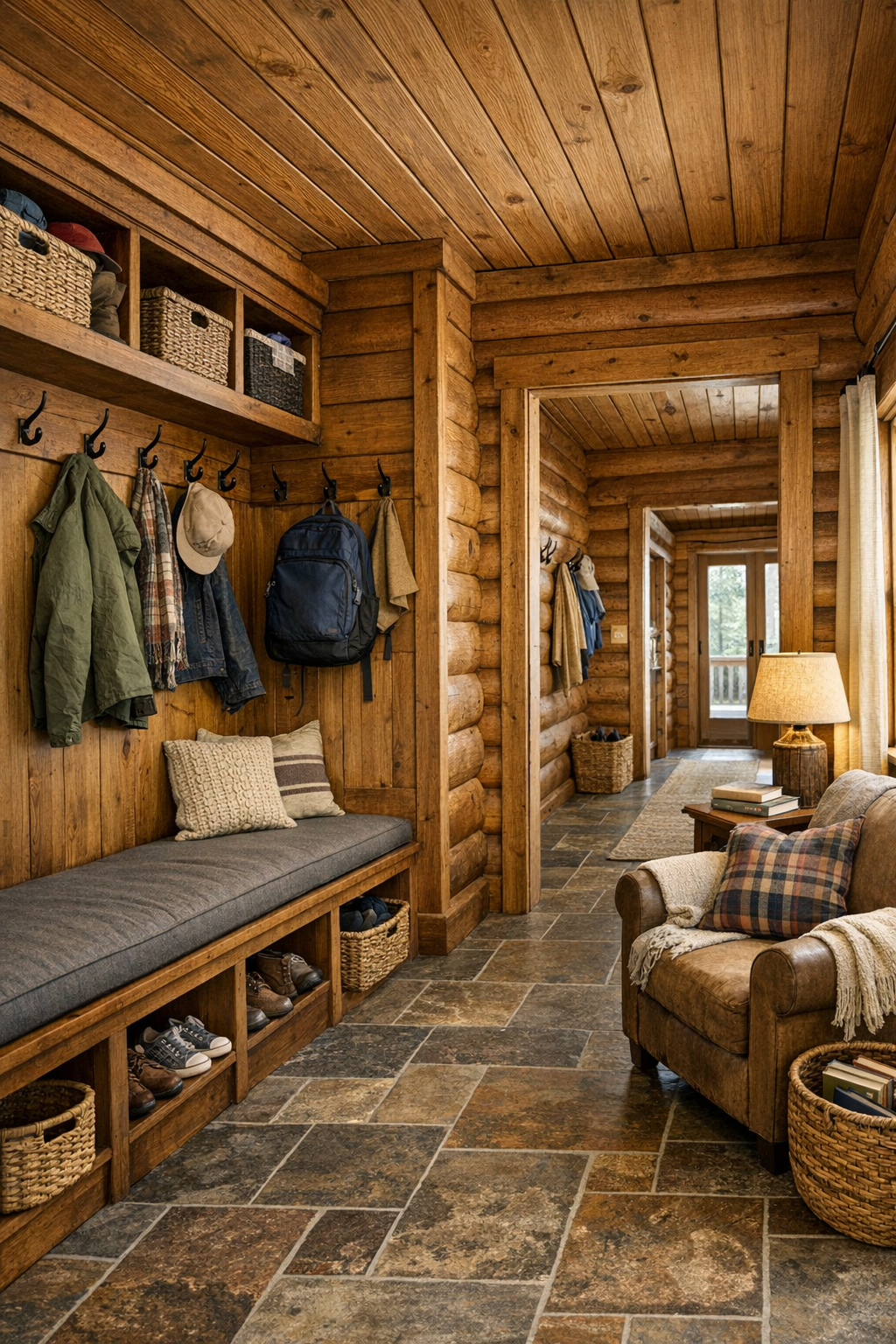 Cozy mudroom and hallway area with built-in bench and rustic finishes