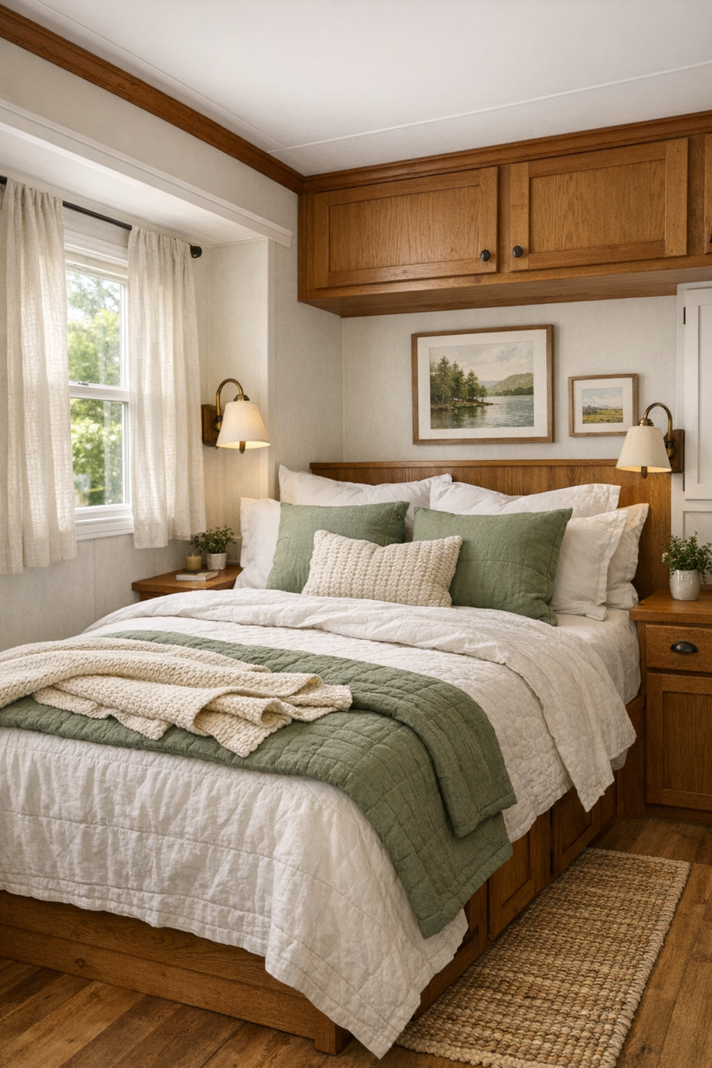 Serene small bedroom with layered quilts, warm wood details, and soft green accents