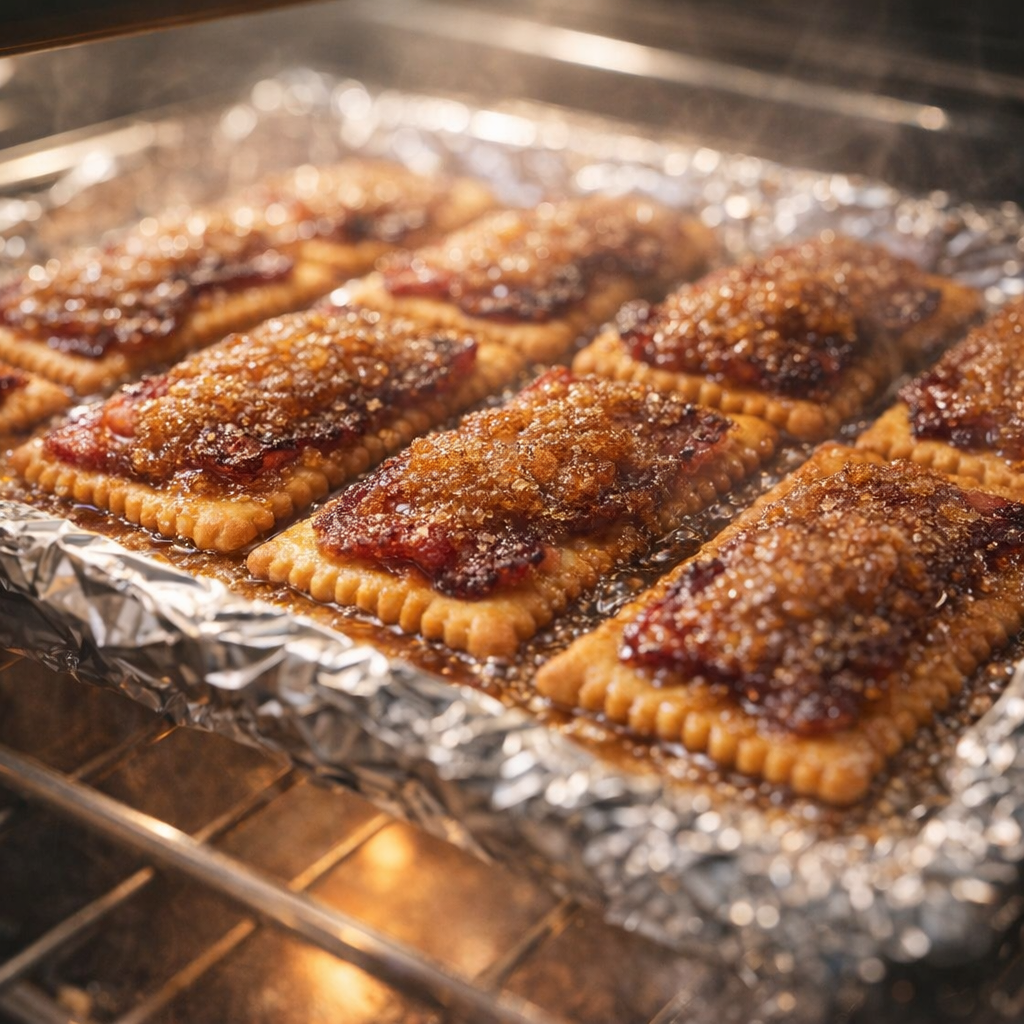 Bacon crackers baking until glossy and caramelized