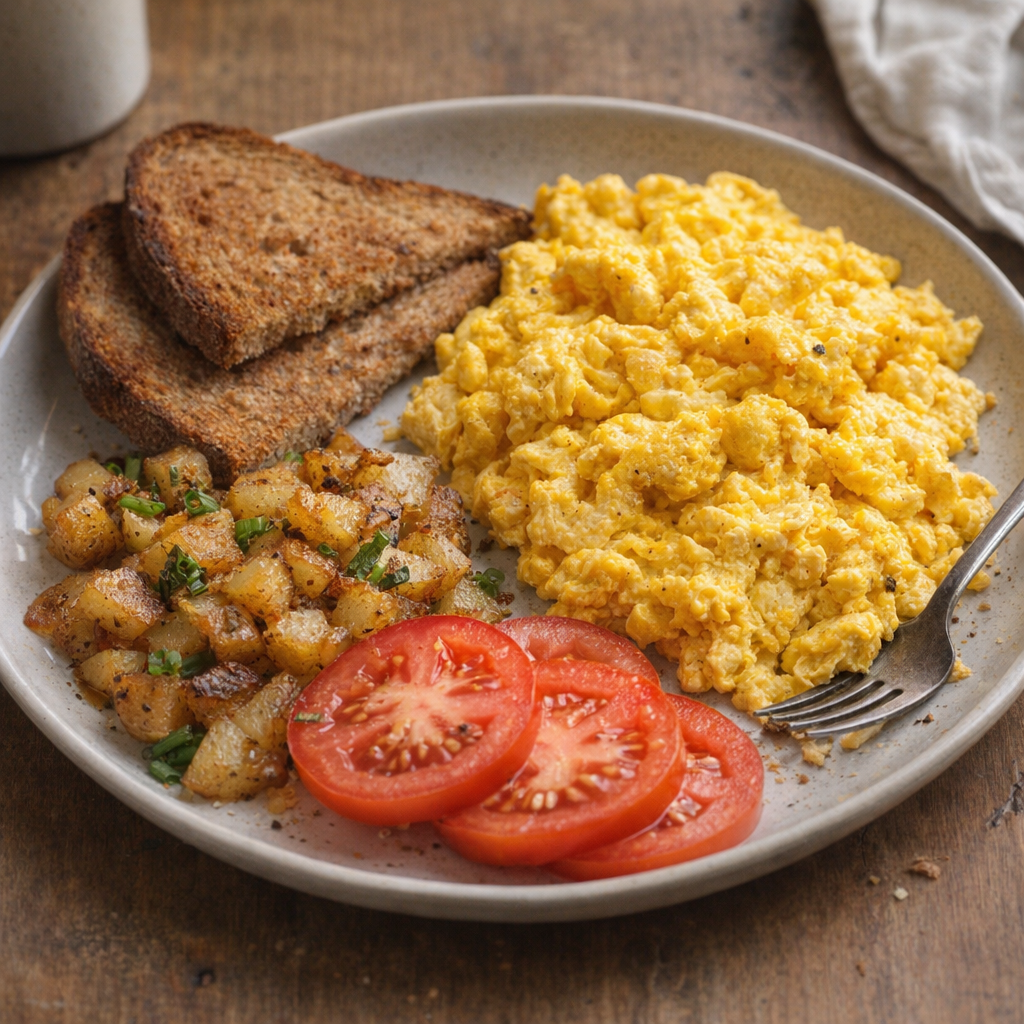 Mustard scrambled eggs served with rye toast and breakfast sides
