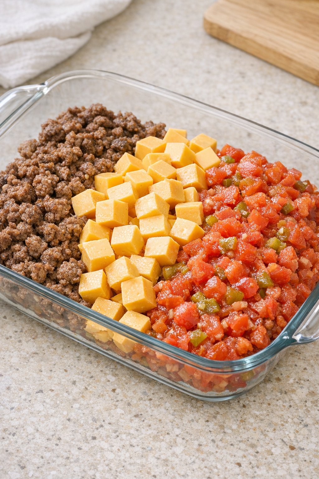Beef, cheese, and tomatoes mixed in baking dish