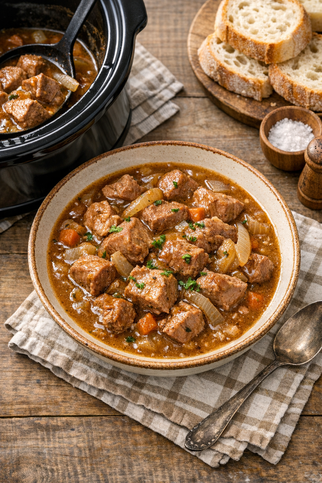 Finished slow cooker pork stew served in a bowl