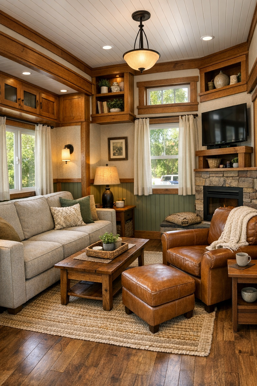 Cozy craftsman-inspired living room with sage accents and warm wood details