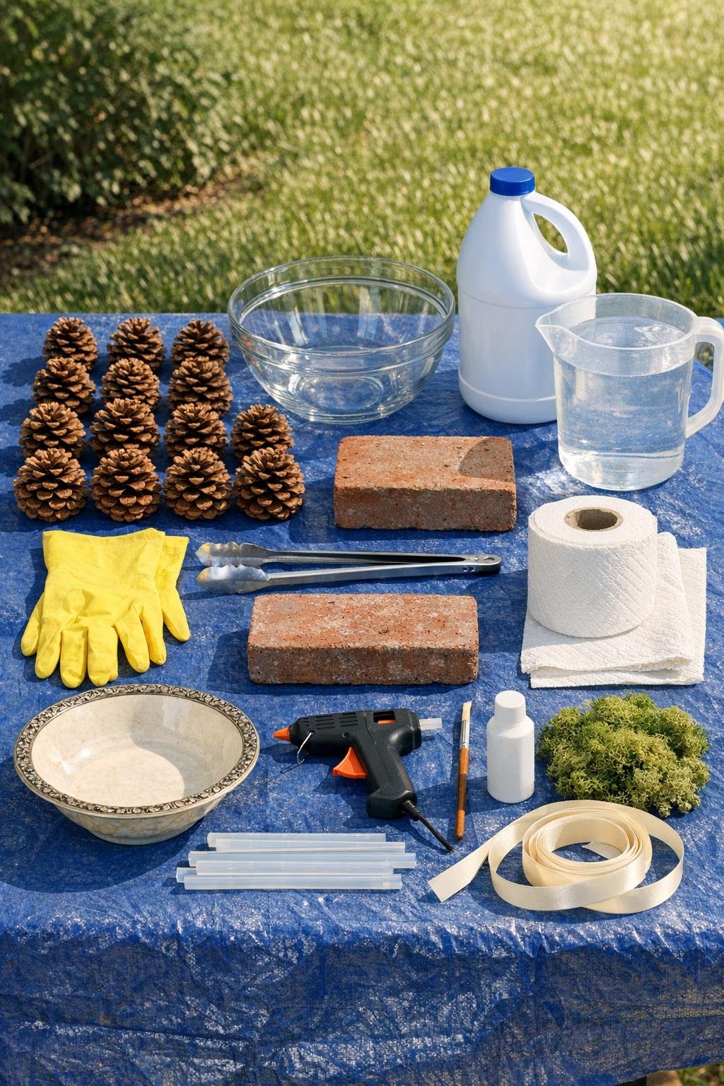 Materials for a bleached pinecone centerpiece bowl laid out together