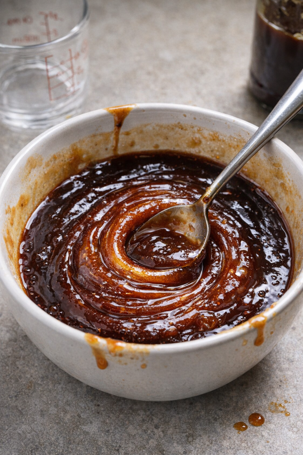 Barbecue glaze being mixed in a bowl