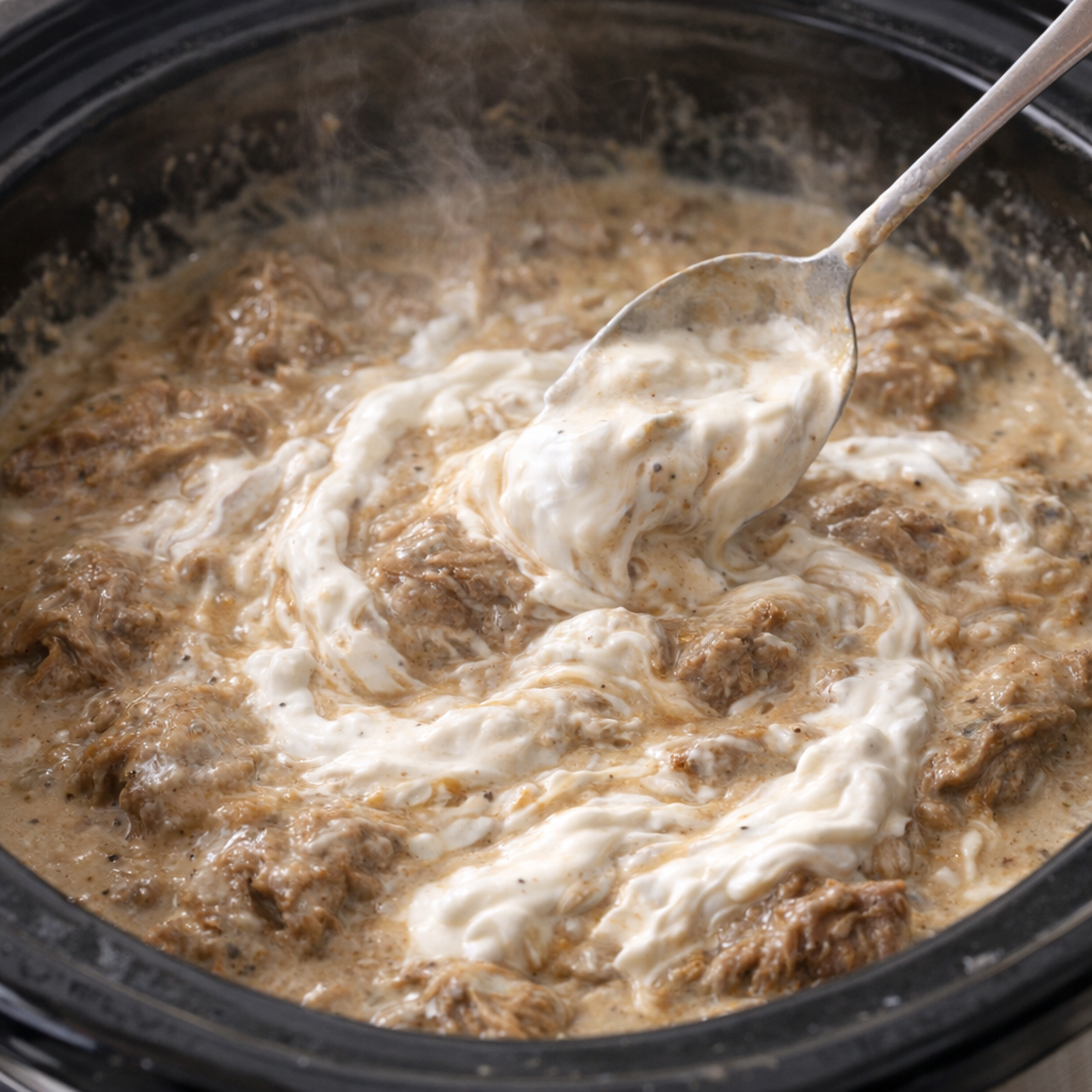 Sour cream being stirred into finished beef stroganoff
