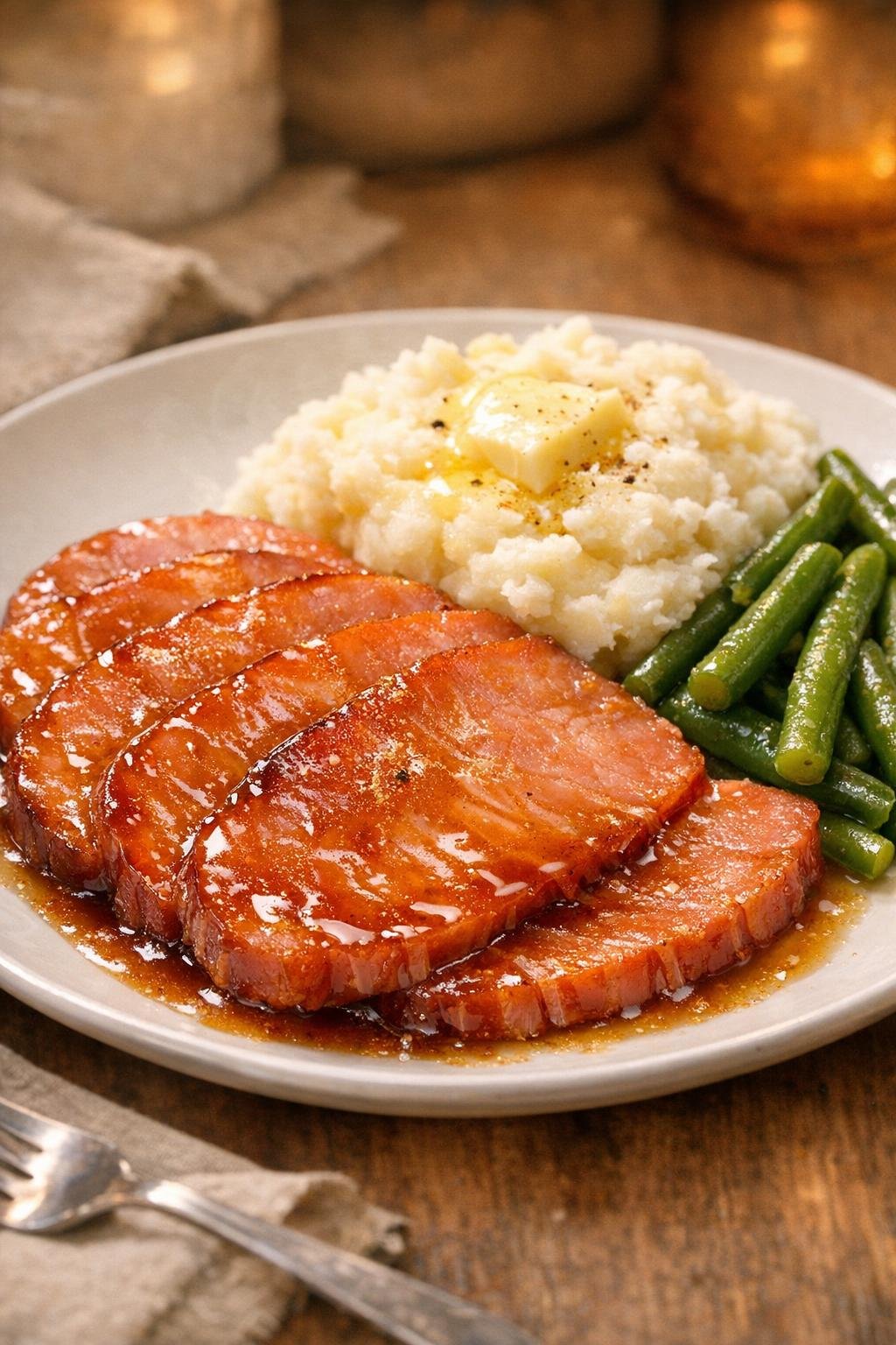 Plated glazed ham with comforting sides
