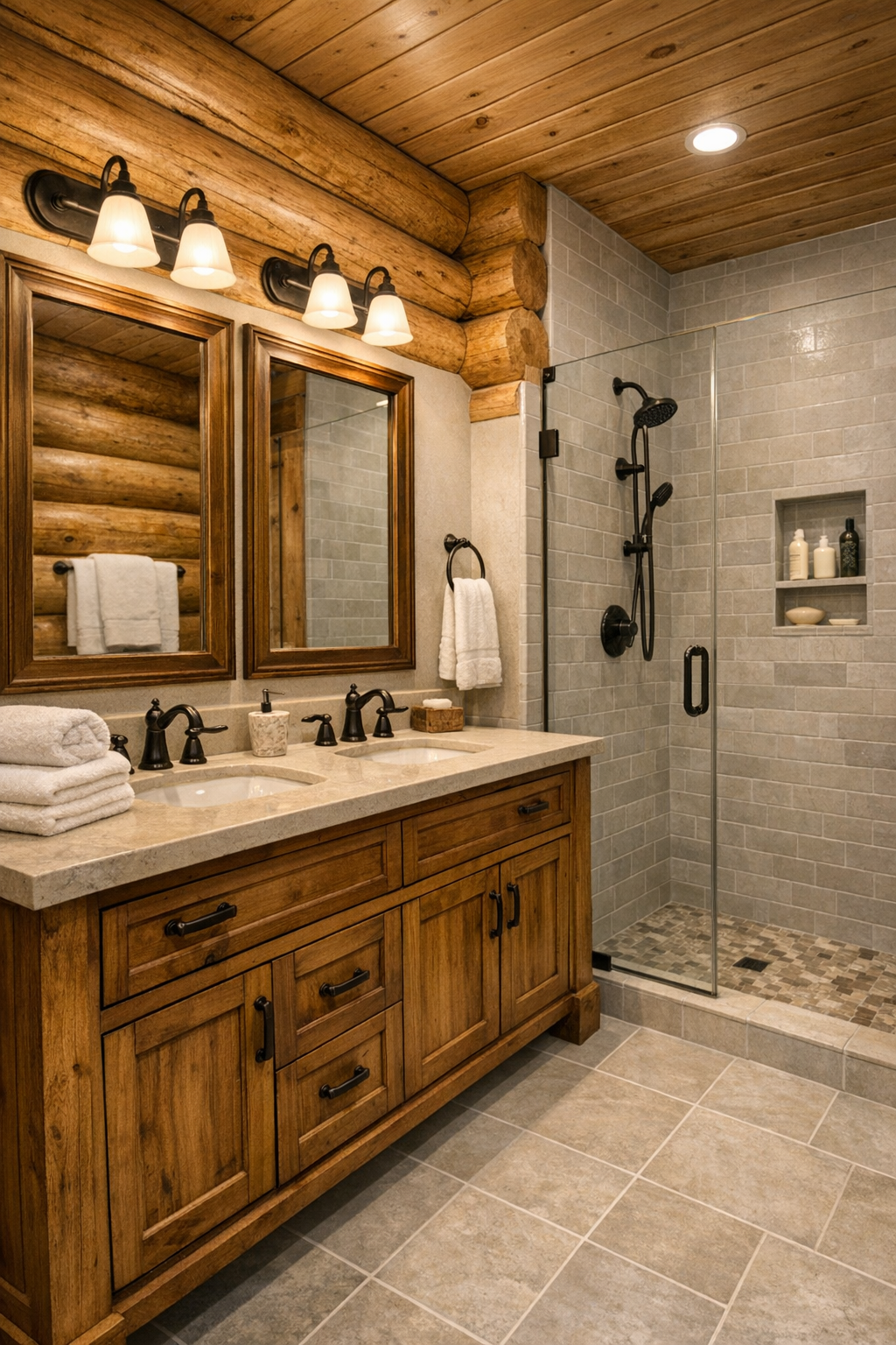 Traditional bathroom with wood vanity, stone countertop, and clean tile finishes in a log home
