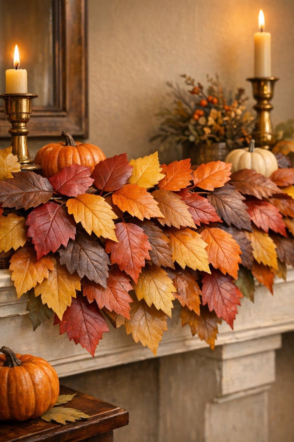 Finished preserved wax leaf garland styled on a fall mantel