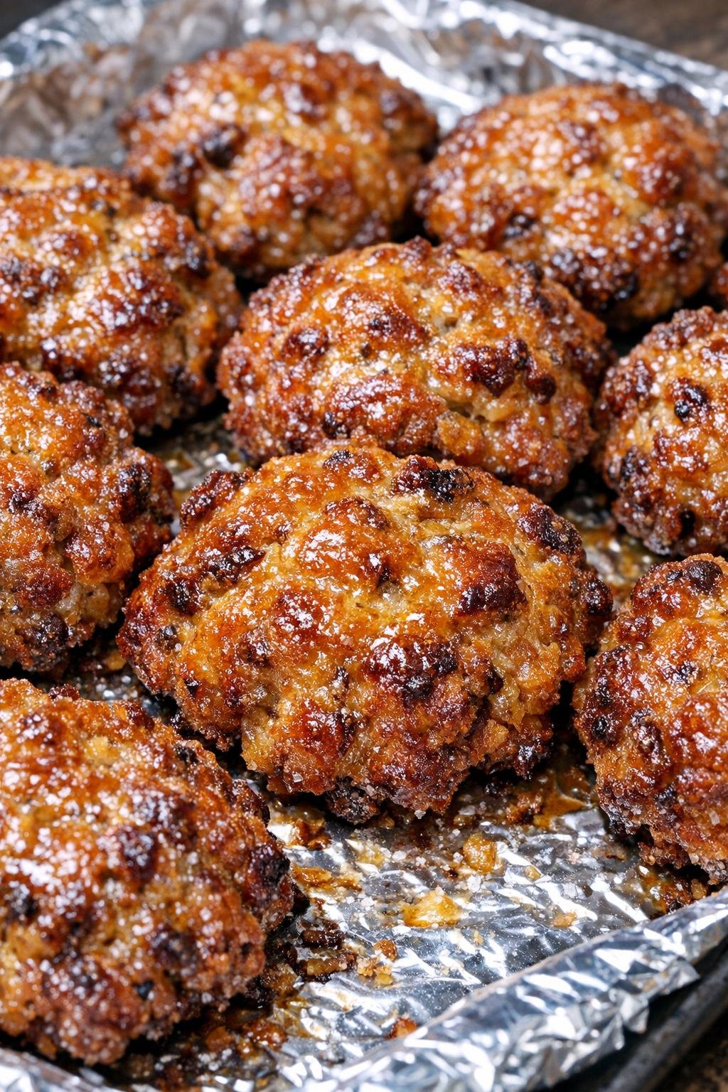 Southern savory sausage fritters on a foil-lined baking tray