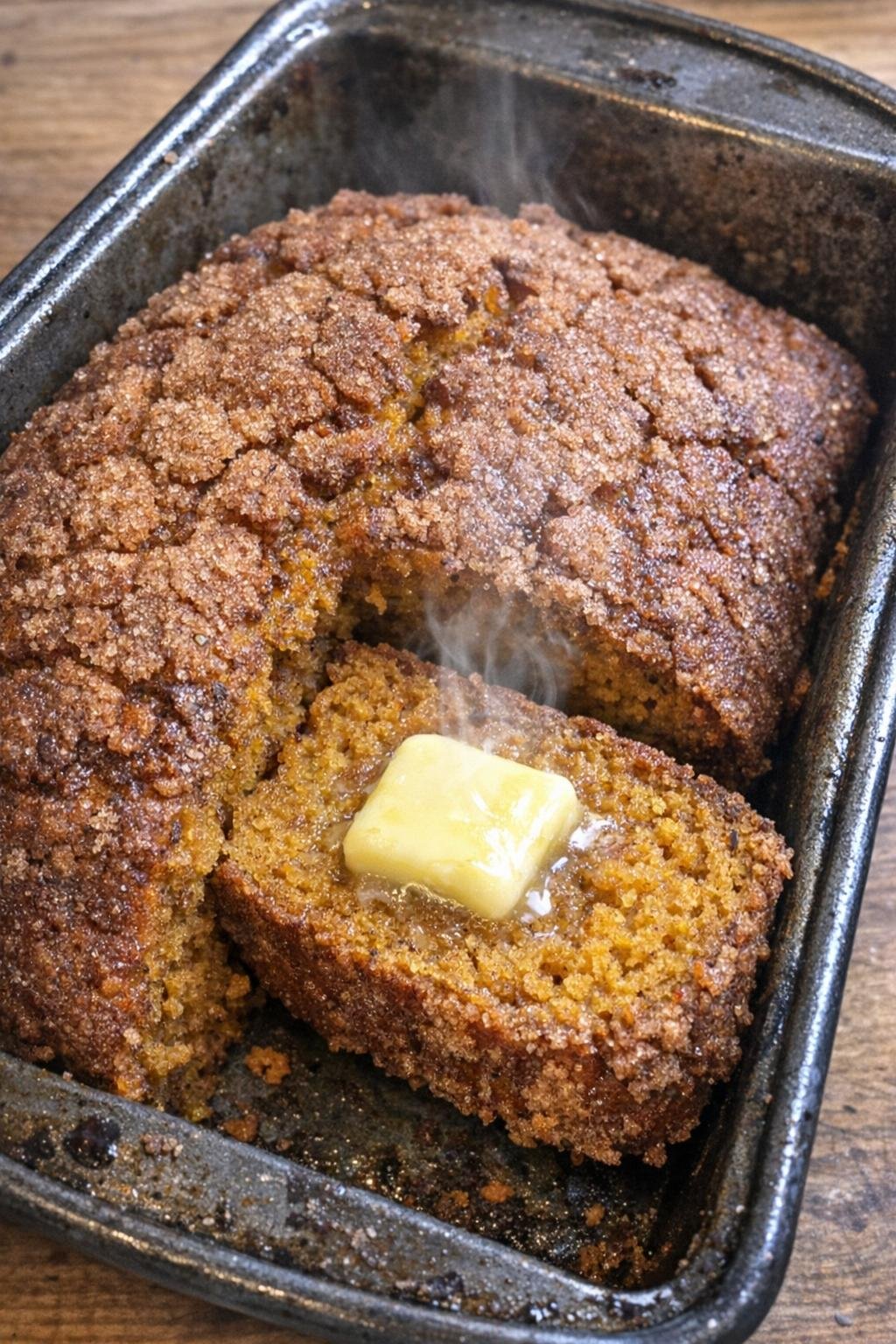 Golden-brown pumpkin loaf in a dark metal loaf pan with a buttered slice