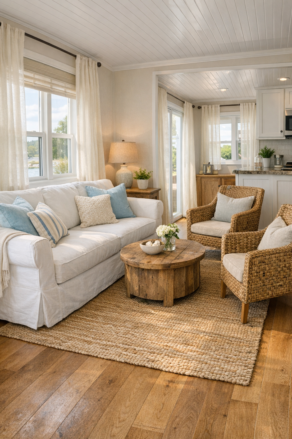 Bright coastal living room with a slipcovered sofa, woven chairs, and natural oak flooring