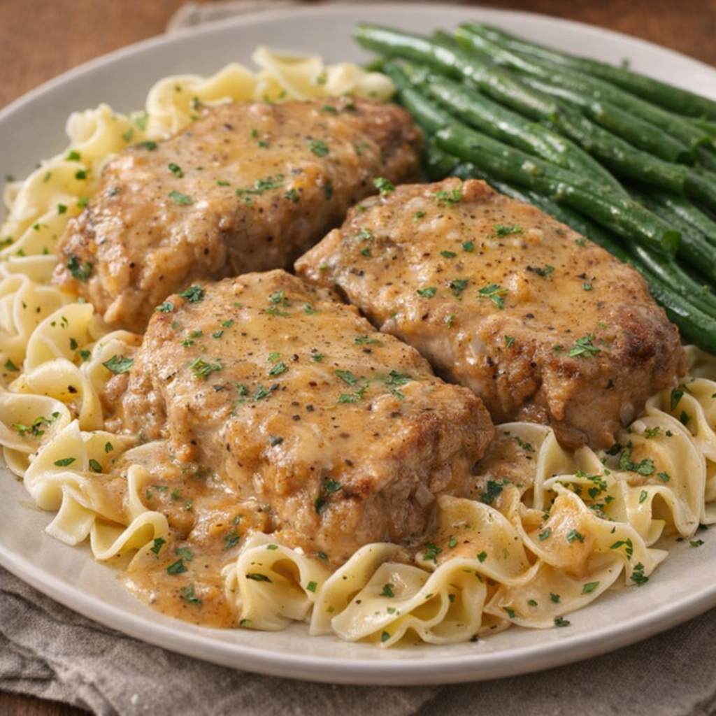 Creamy pork chops plated with noodles and green beans