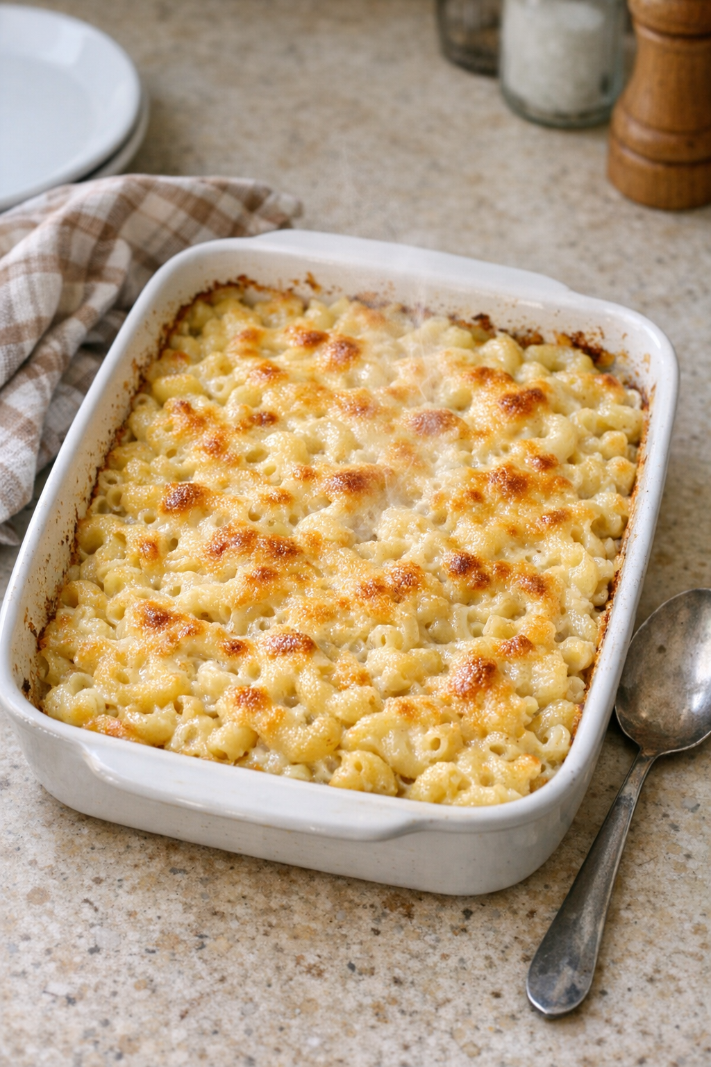 Finished baked cream of celery macaroni in a casserole dish