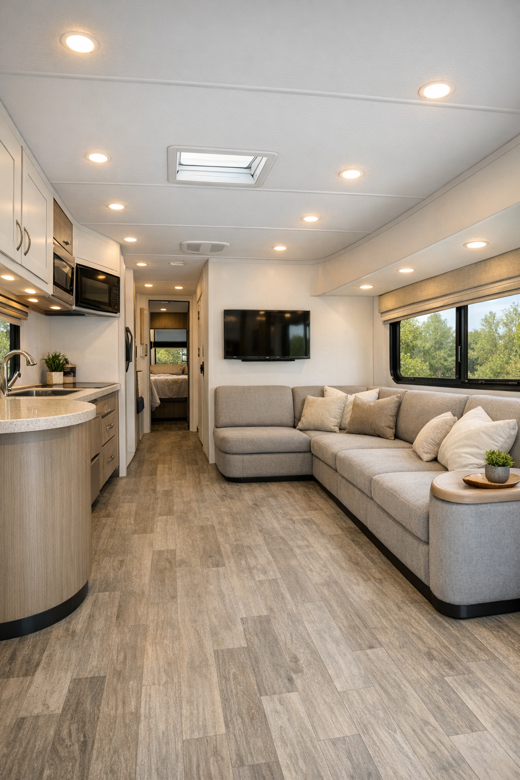 Bright accessible RV living room with gray sofa and driftwood flooring