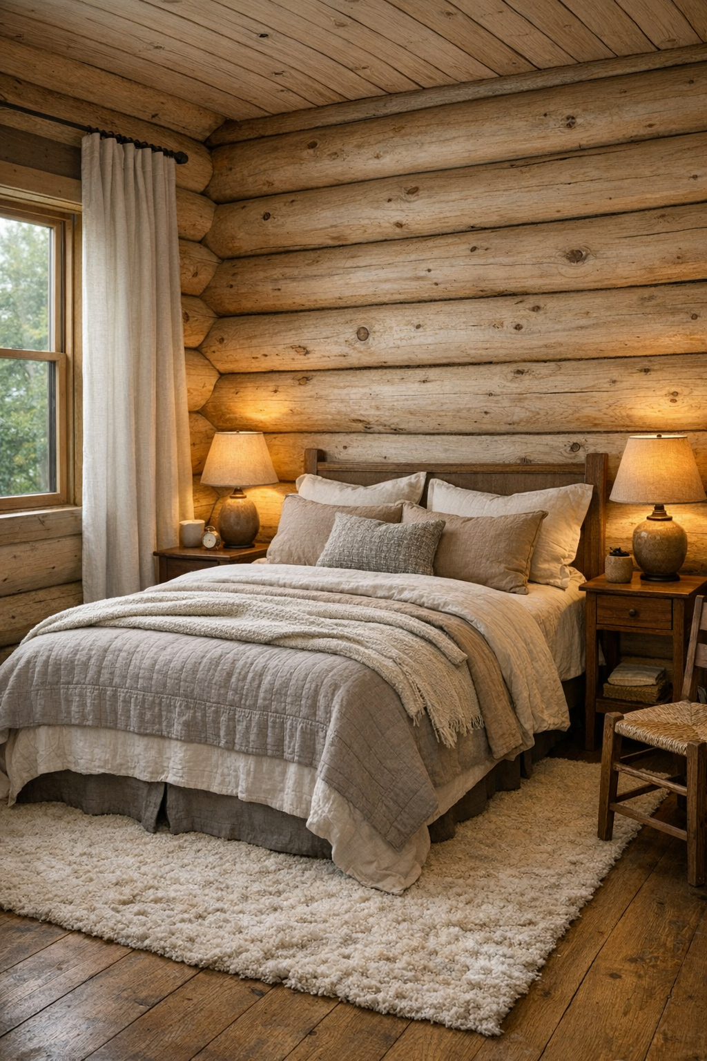 Serene log home bedroom with layered neutral bedding and soft natural light