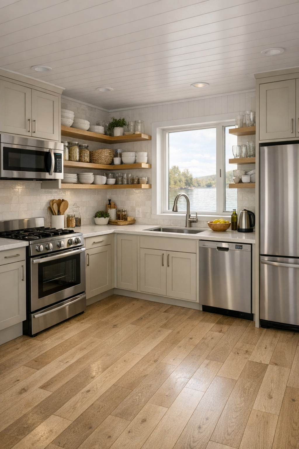 Accessible cottage houseboat kitchen with putty shaker cabinets, pale quartz counters, and open oak shelving