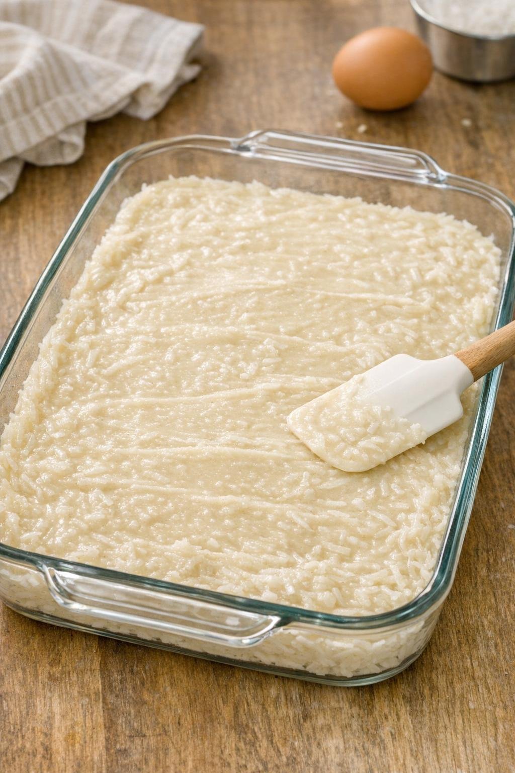 Coconut batter spread into glass baking dish