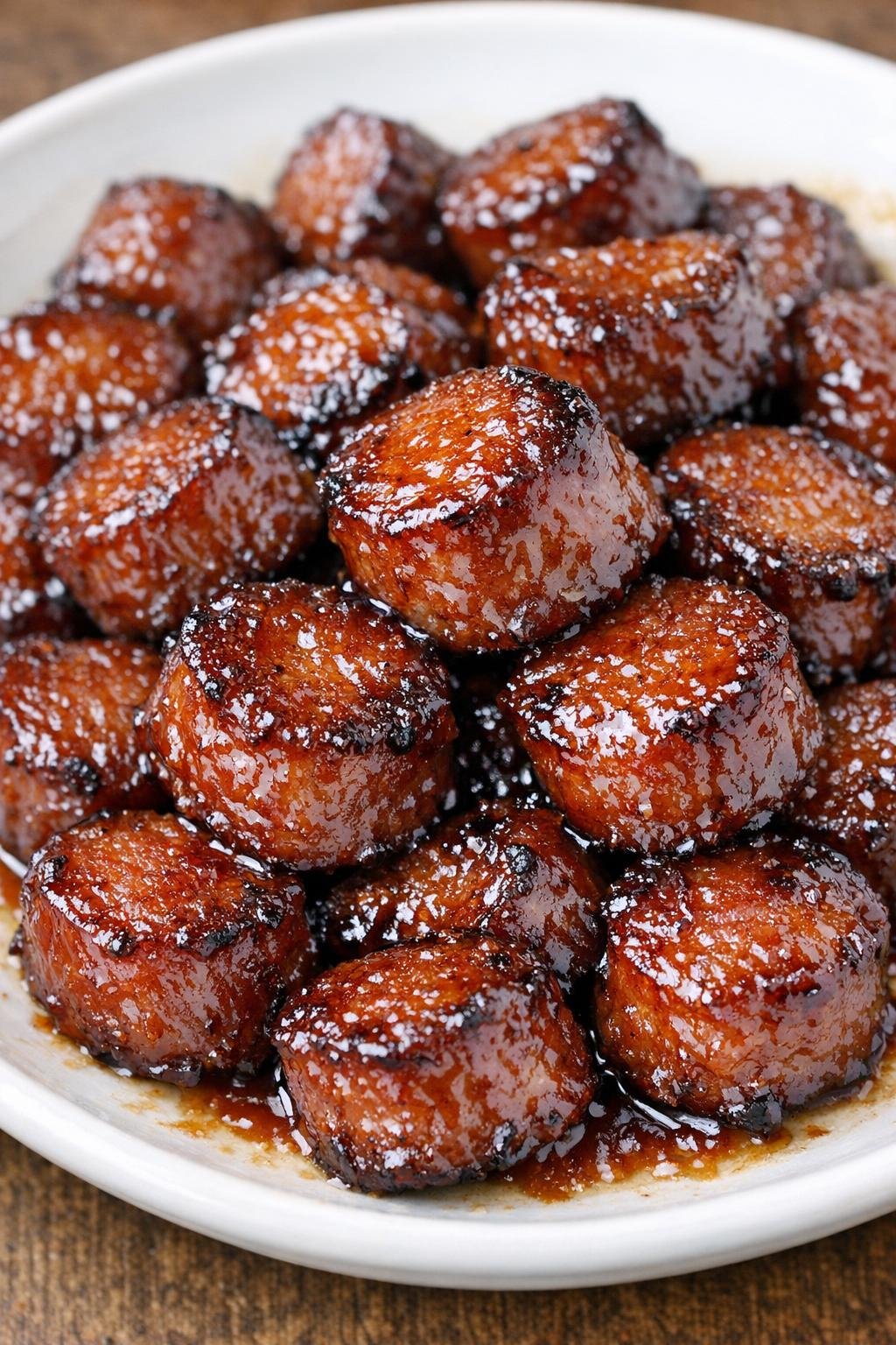 Southern 3-ingredient glazed kielbasa bites on a white ceramic plate