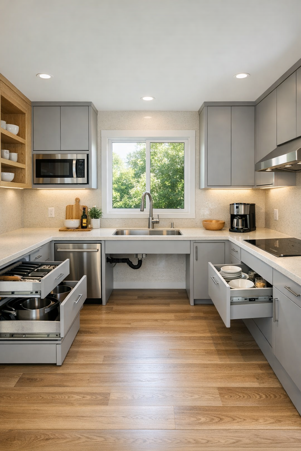 Accessible modern kitchen with dove grey cabinets and creamy quartz counters