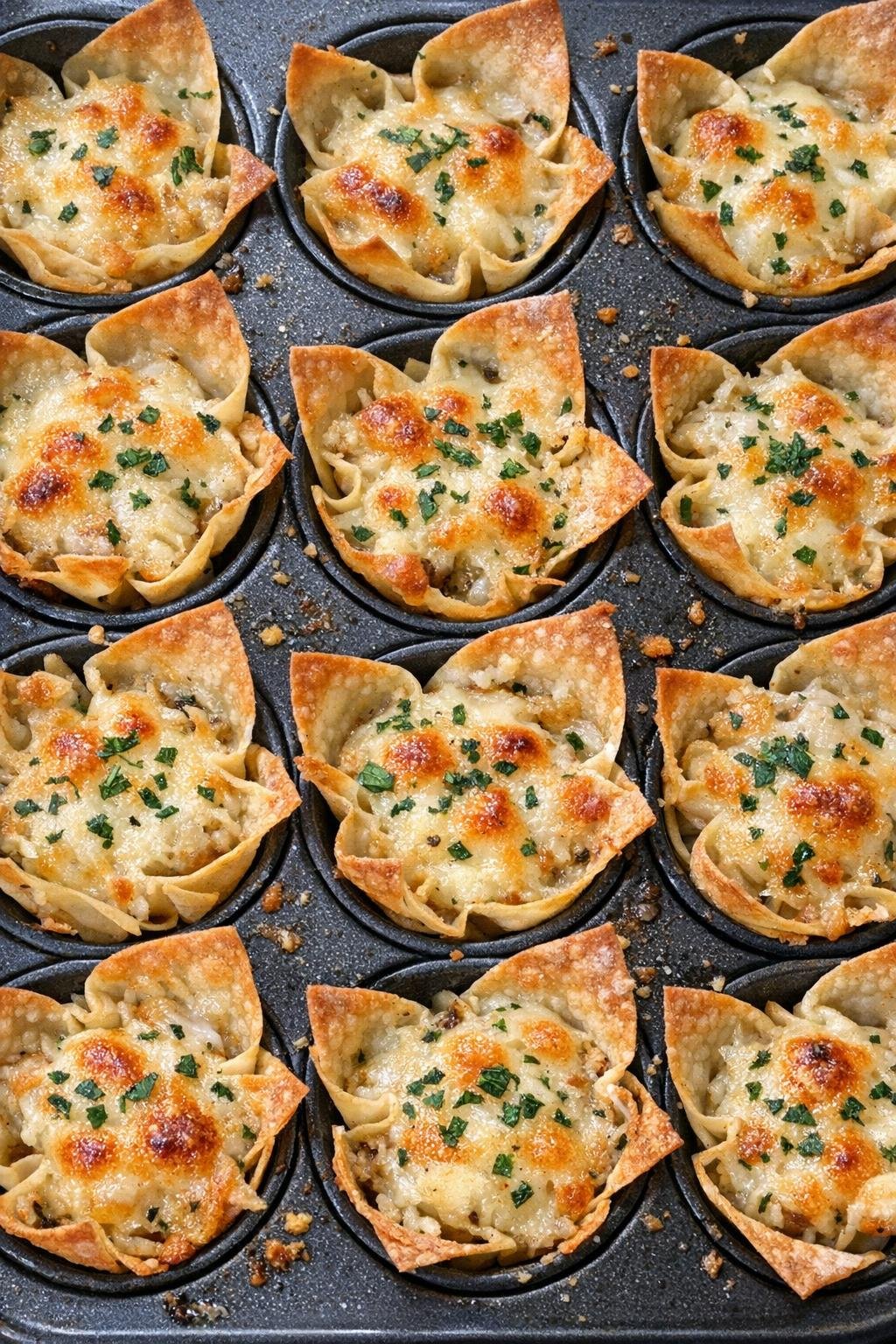 Crispy golden wonton bites in a muffin tin