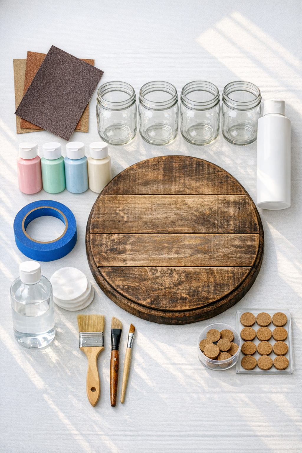 Materials laid out for a mason jar lazy Susan utensil caddy