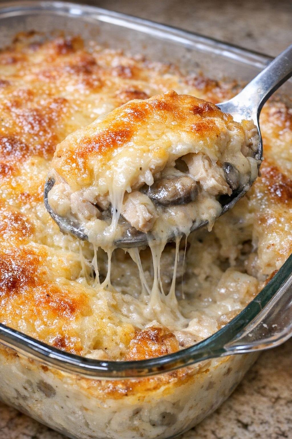 Bubbling chicken casserole with creamy mushroom sauce and golden cheese crust