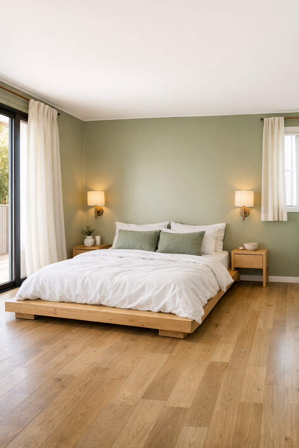 Calm bedroom with low wood bed, white bedding, and soft green accents
