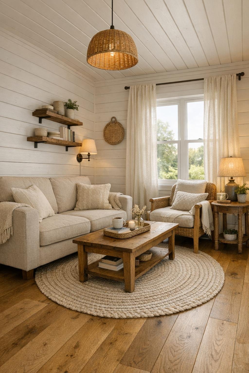 Cozy tiny home living room with a loveseat, wood coffee table, and bright cottage finishes