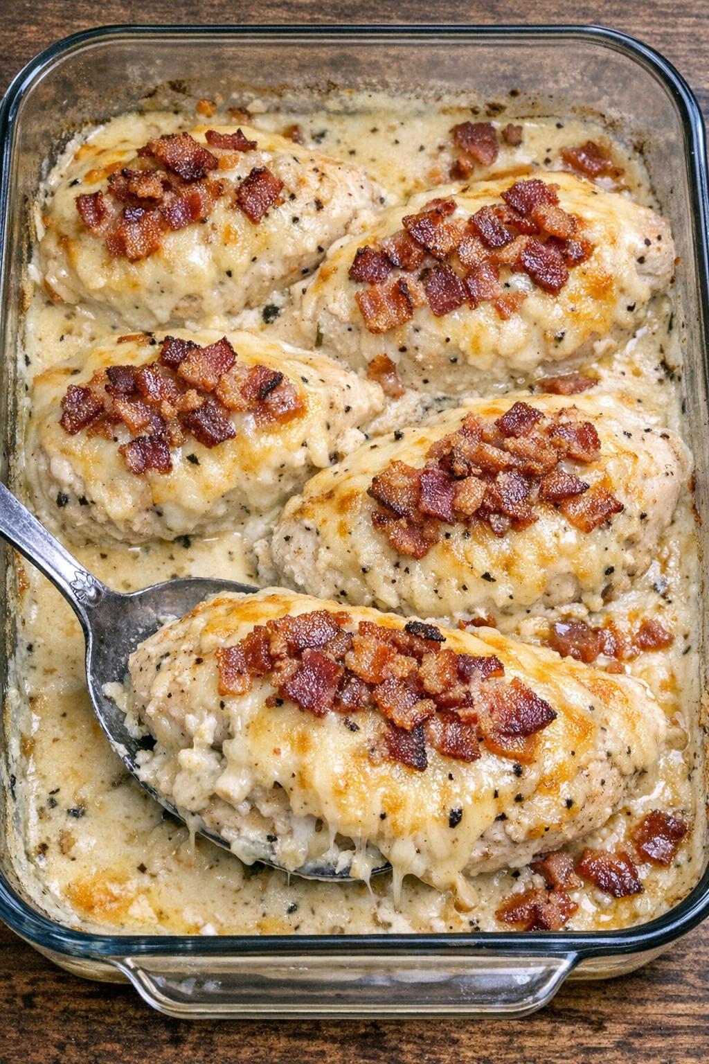 Chicken Devonshire baked in a rectangular dish