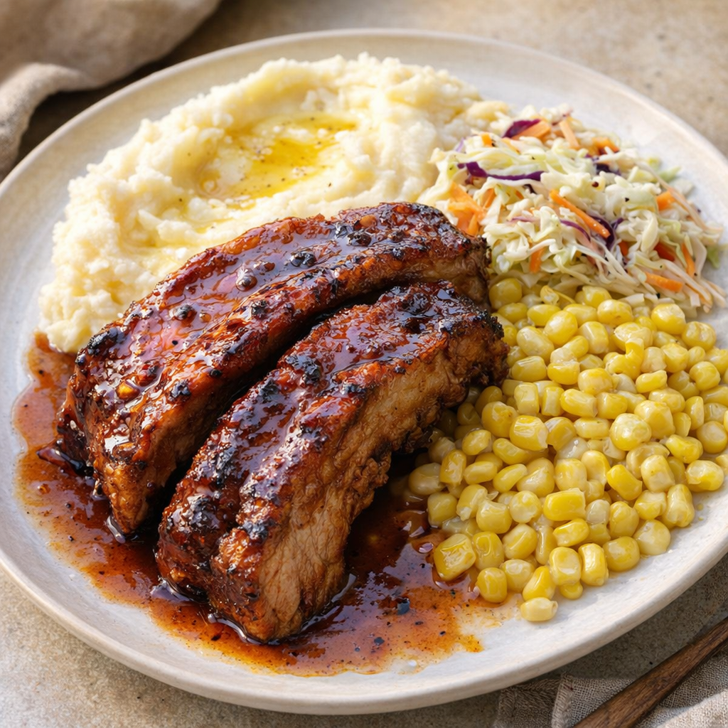Slow cooker ribs plated with simple sides