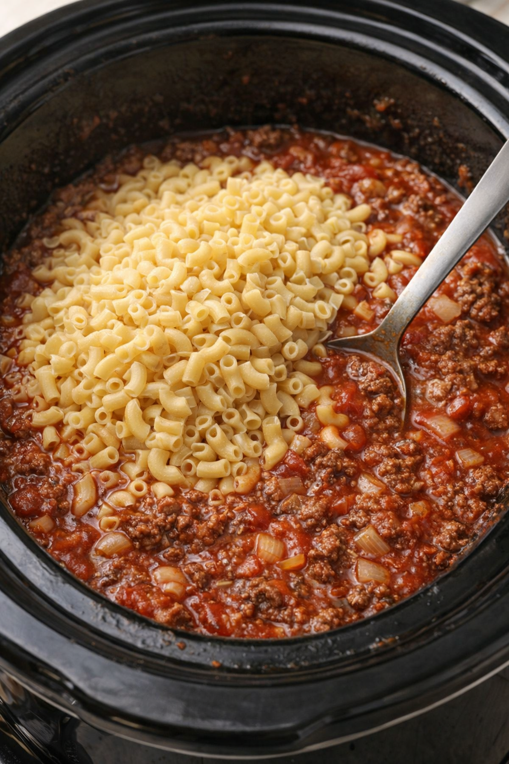 Dry elbow macaroni added to saucy beef mixture in a slow cooker