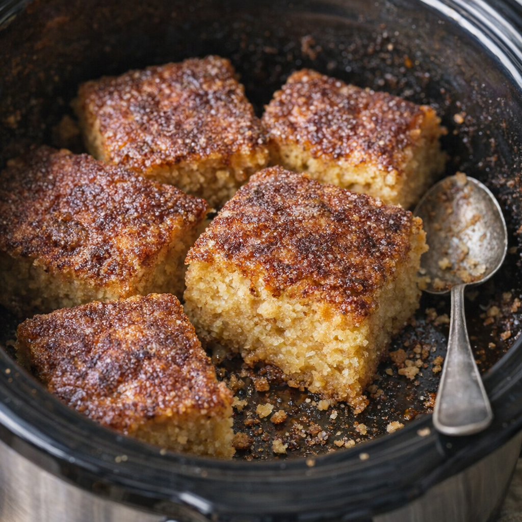 Slow cooker snickerdoodle bars served warm in the crock