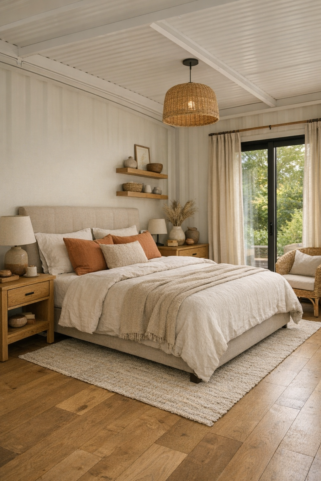 Calm bedroom with soft linen tones and accessible layout