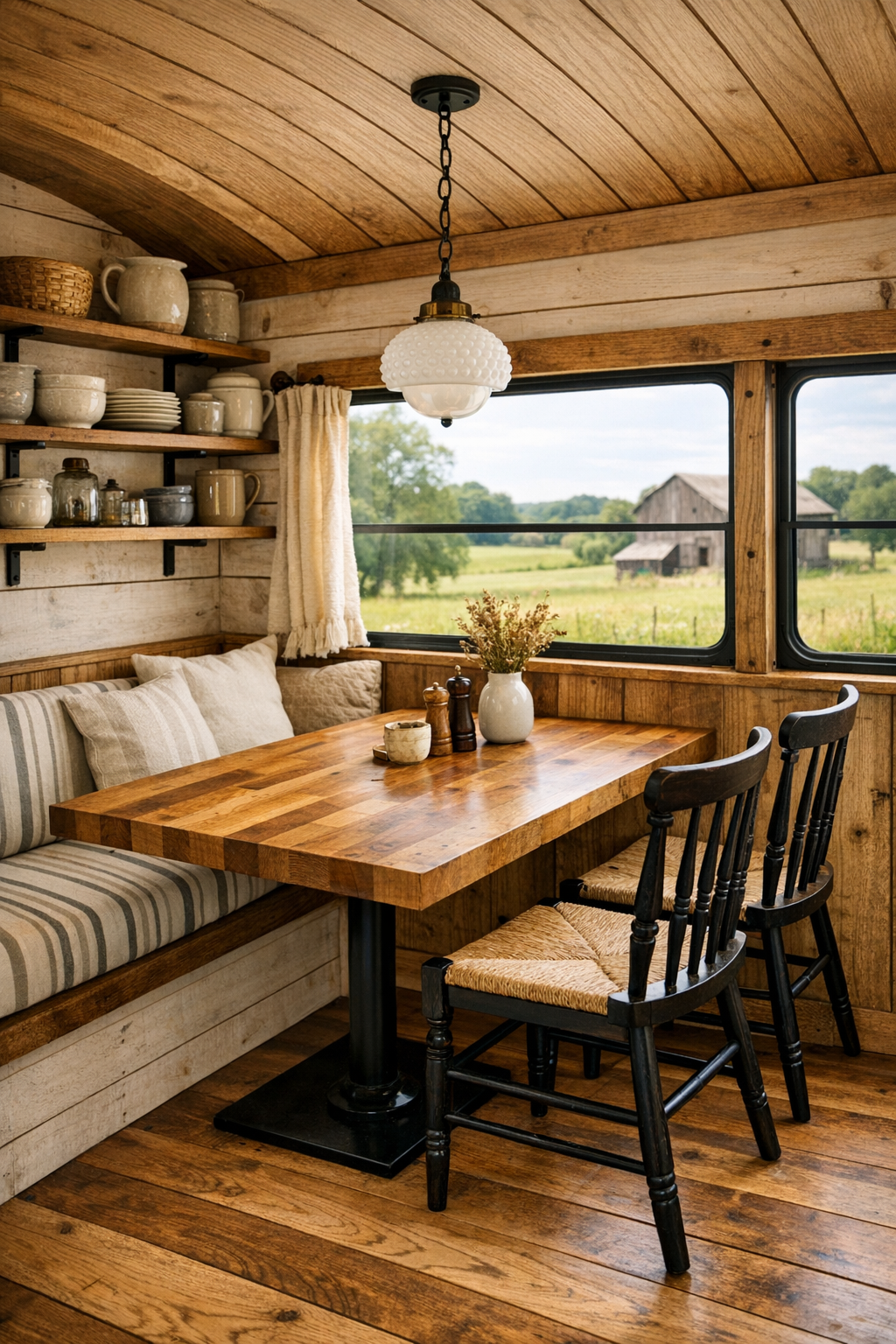 Cozy bus dining nook with built-in wood table and farmhouse accents