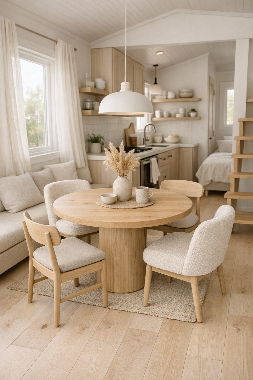 Accessible tiny home dining area with round wood table and soft neutral finishes