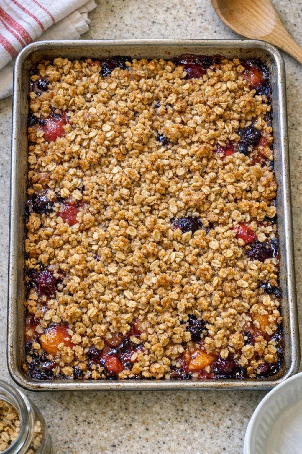 Finished baked oat fruit dessert in a sheet pan