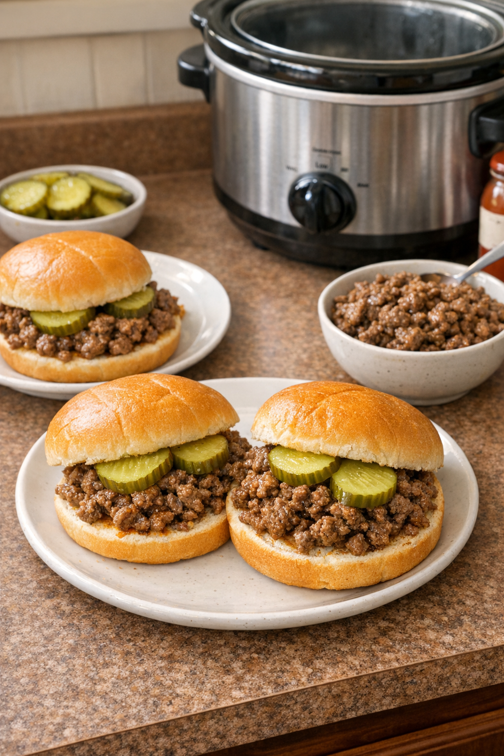 Finished loose meat sandwiches on buns with pickles