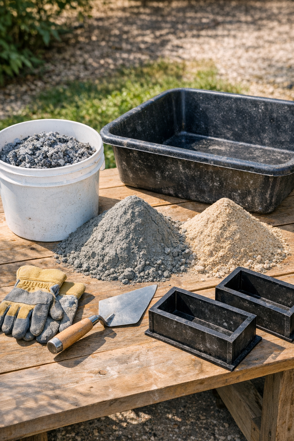 Wet shredded newspaper, Portland cement, and sand laid out with mixing tools and block molds