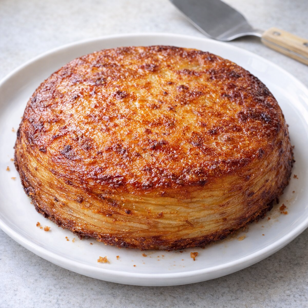 Potato galette freshly inverted onto a white platter
