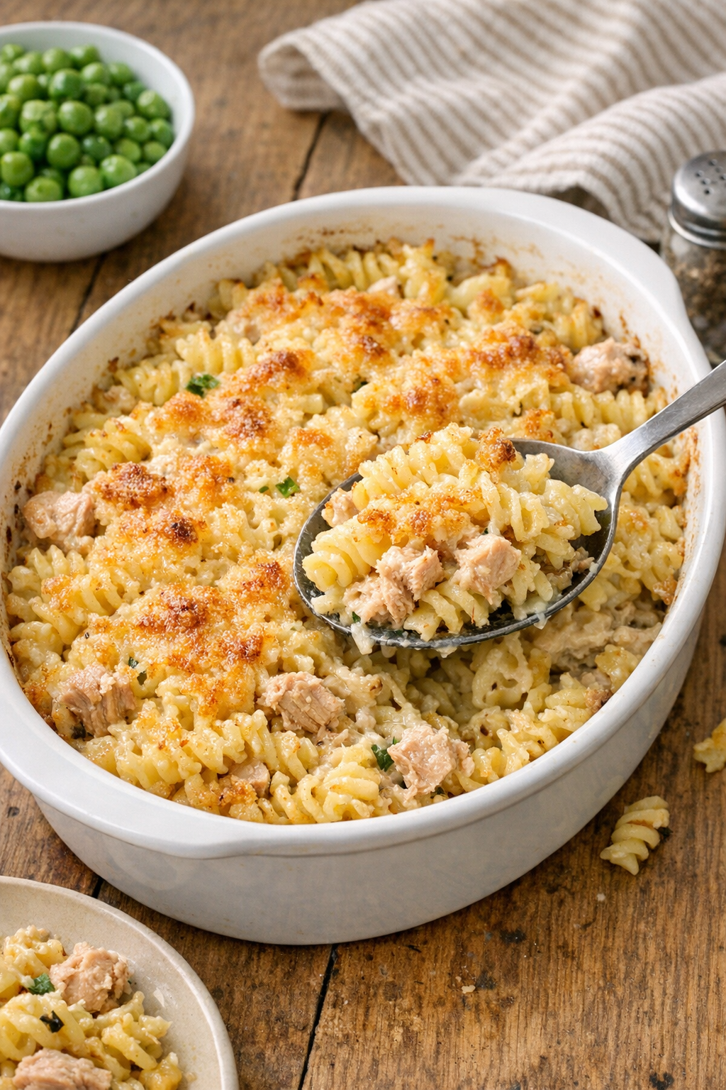 Finished baked tuna rotini in casserole dish