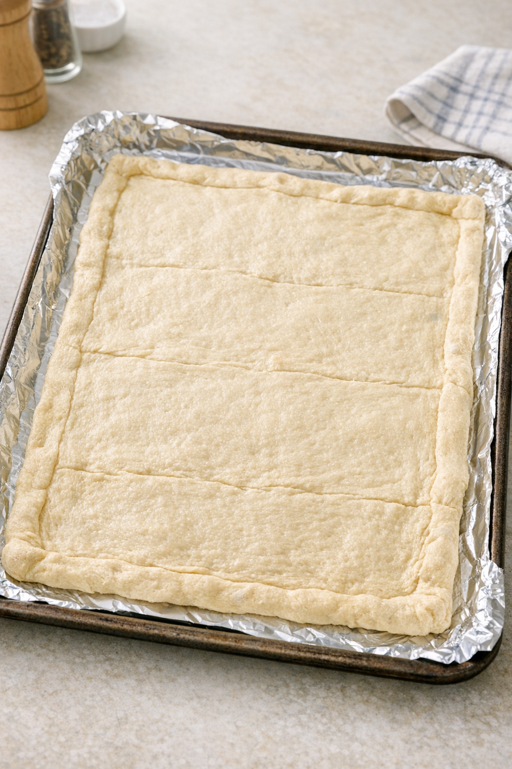 Crescent dough pressed into a rectangle on baking sheet